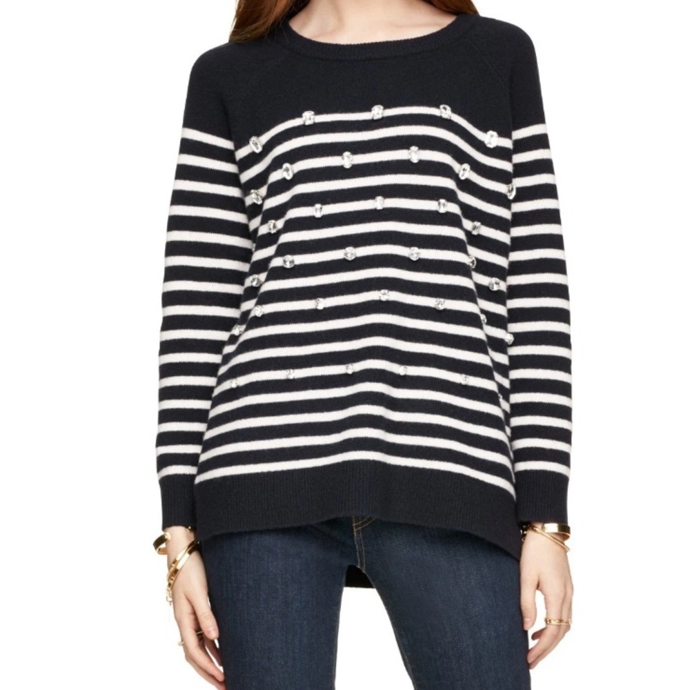 kate spade Navy White Breton Stripe 100% Wool Crystal Embellished Sweater XS